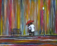 Romantic Paintings - Love In The Rain Colorful Romantic Painting - Acrylic On Canvas Paper